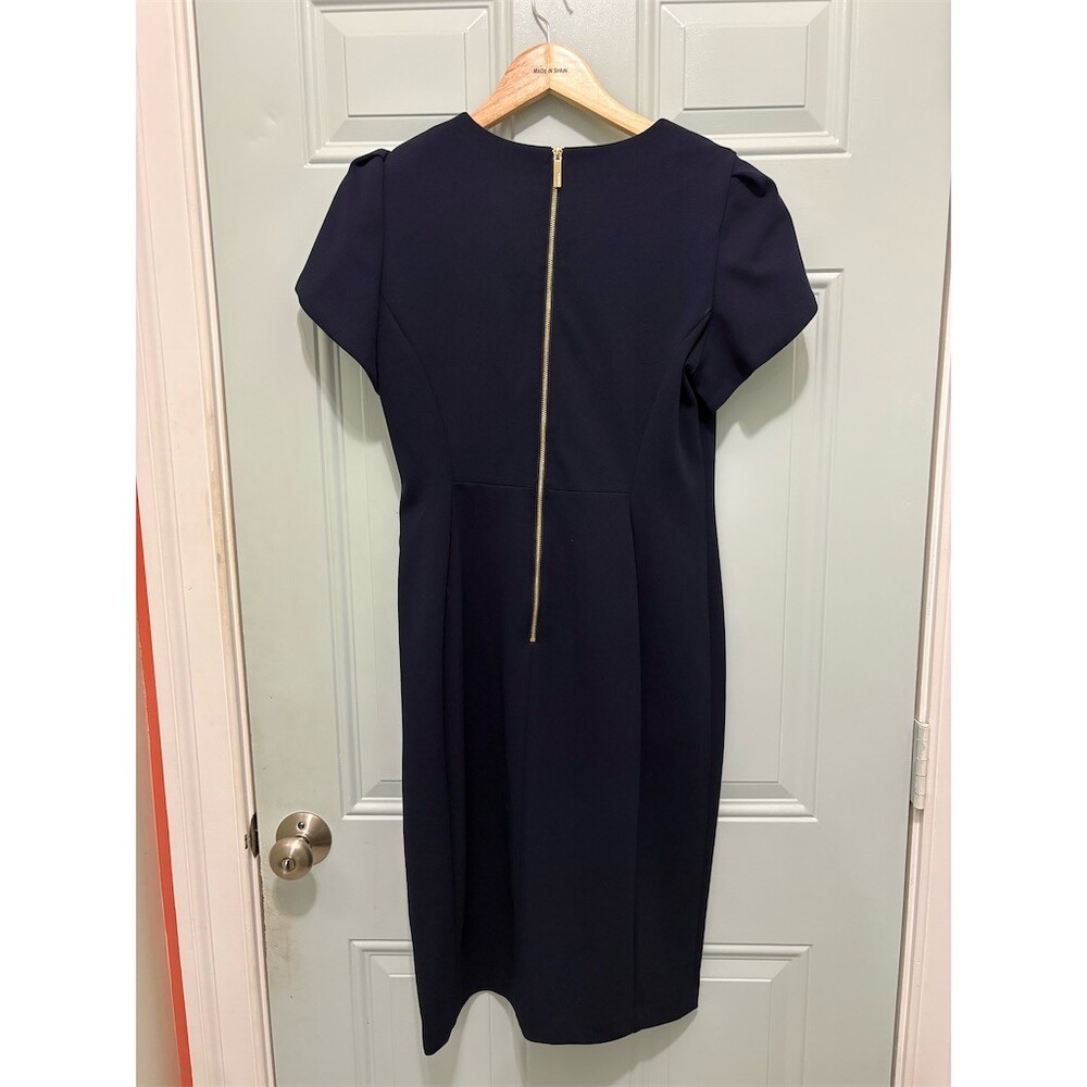 Calvin Klein Dress Womens Size 8 Navy Blue Sheath Midi Tulip Sleeve Zip - Picture 7 of 10